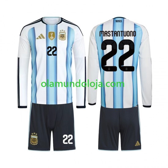 Camisola Argentina Franco Mastantuono 22 Criança Equipamento Primeiro Copa do Mundo 2026 Manga Comprida